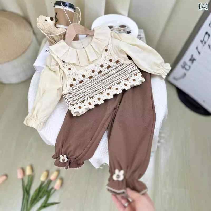 セットアップ キッズ 女の子 立体花モチーフニットベスト プリーツ襟ブラウス テーパードパンツ カジュアルベーシックシンプルスタンダード定番ナチュラル