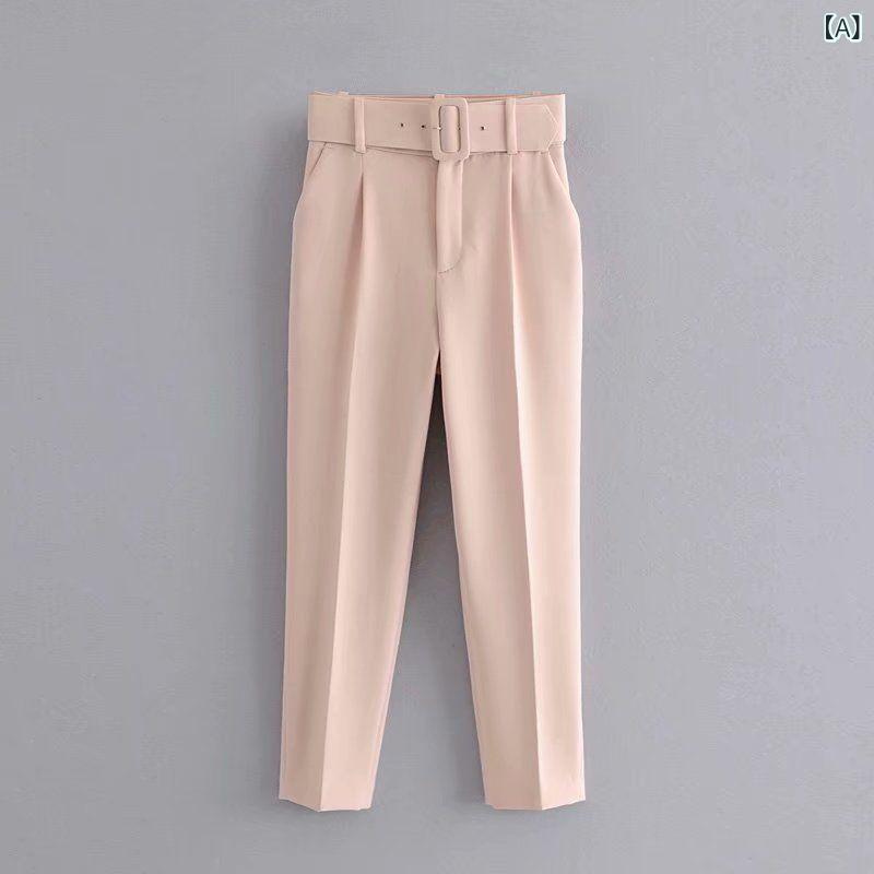 ハイウエストパンツ レディース ベルト付き ボトムス ロング丈 ストレート 無地シンプルベーシック定番スタンダードカジュアルナチュラルきれいめ