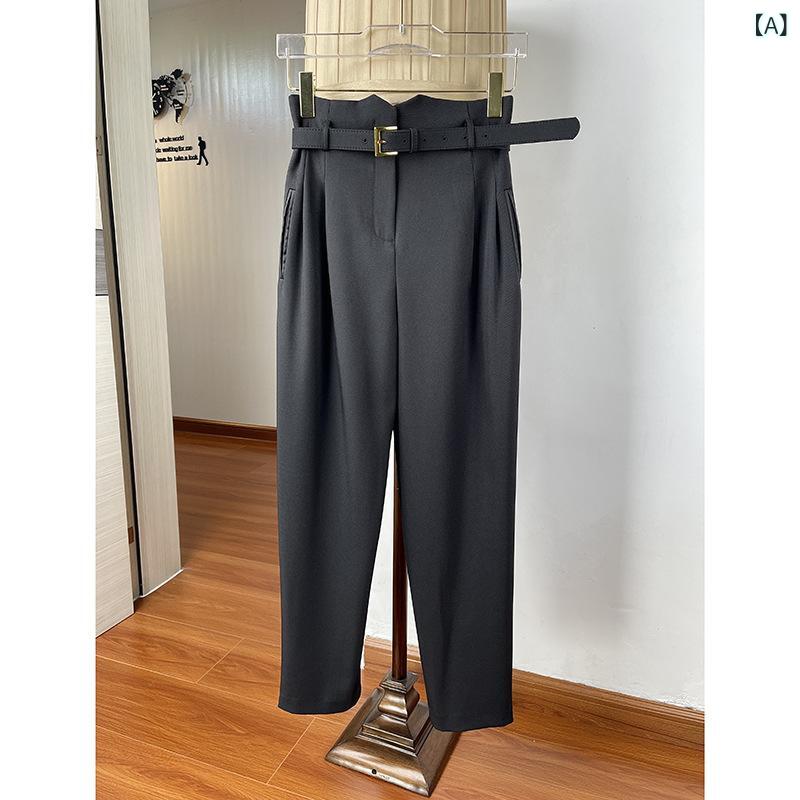 テーパードパンツ レディース ハイウエストベルト付き スリムロング丈 センタープレススラックス ハレムパンツボトムス カジュアルきれいめビジネス通勤事務オフィスフォーマル冠婚葬祭シンプルベーシック定番スタンダードナチュラル｜やすらぎマーケット