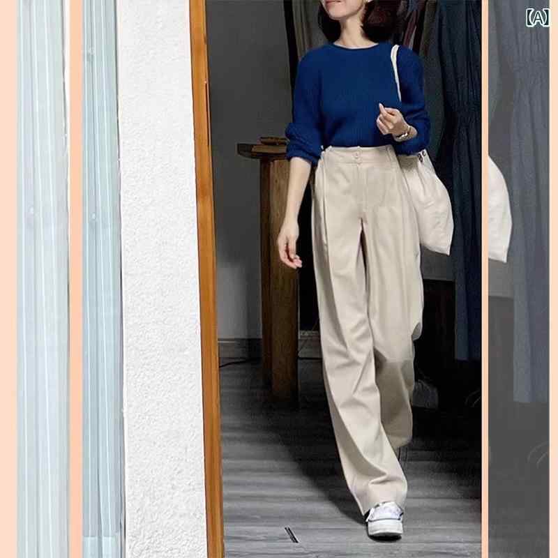 スラックス レディース ハイウエスト ワイドパンツ ストレートパンツ ロング丈 センタープレス落ち感ゆったり体型カバーきれいめ薄手カジュアルオフィス通勤通学無地シンプルベーシック定番スタンダードナチュラルボトムス低身長小柄ズボン