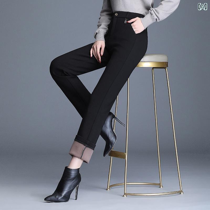 ストレートパンツ レディース ハイウエスト裏起毛スラックス テーパードパンツセンタープレスロングパンツ ボトムスズボン通勤事務オフィス シンプルベーシック定番スタンダード カジュアルナチュラル の商品写真