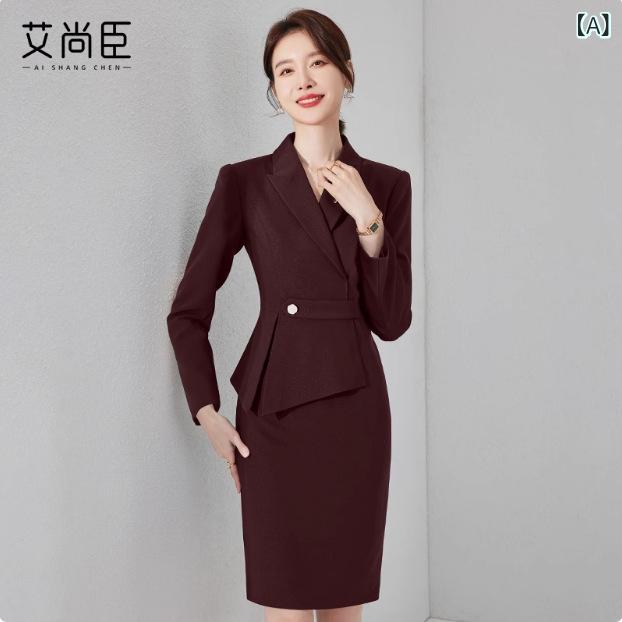 衣裳 レディース 長袖 フェイクレイヤード 膝丈きつい着痩せ体型取りまかなう 事務室通い事務服フォーマル 好いたらしいめ雅びやかエレガントボルドーダークレッドシンプルベーシック定番スタンダードカジュアルナチュラル