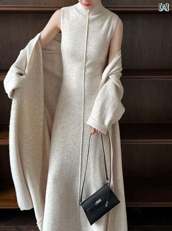 編み物セットアップ レディース ロング丈ジレー ハイネック衣装2点仕掛ける 長袖ゆったり影ぼうし 重ね着コーデ シンプルベーシック定番スタンダードカジュアルナチュラル