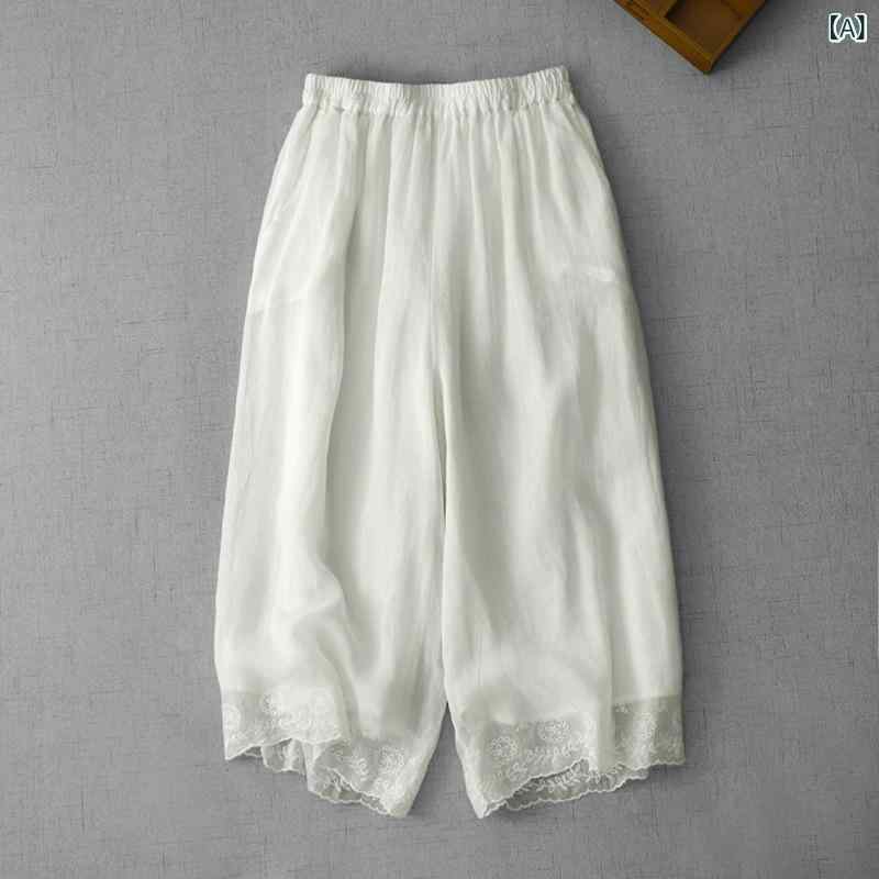 ワイドパンツ レディース 刺しゅう七分丈 クロップドパンツ ウエストゴムボトムス カジュアルシンプル ベーシック定番ナチュラルスタンダード