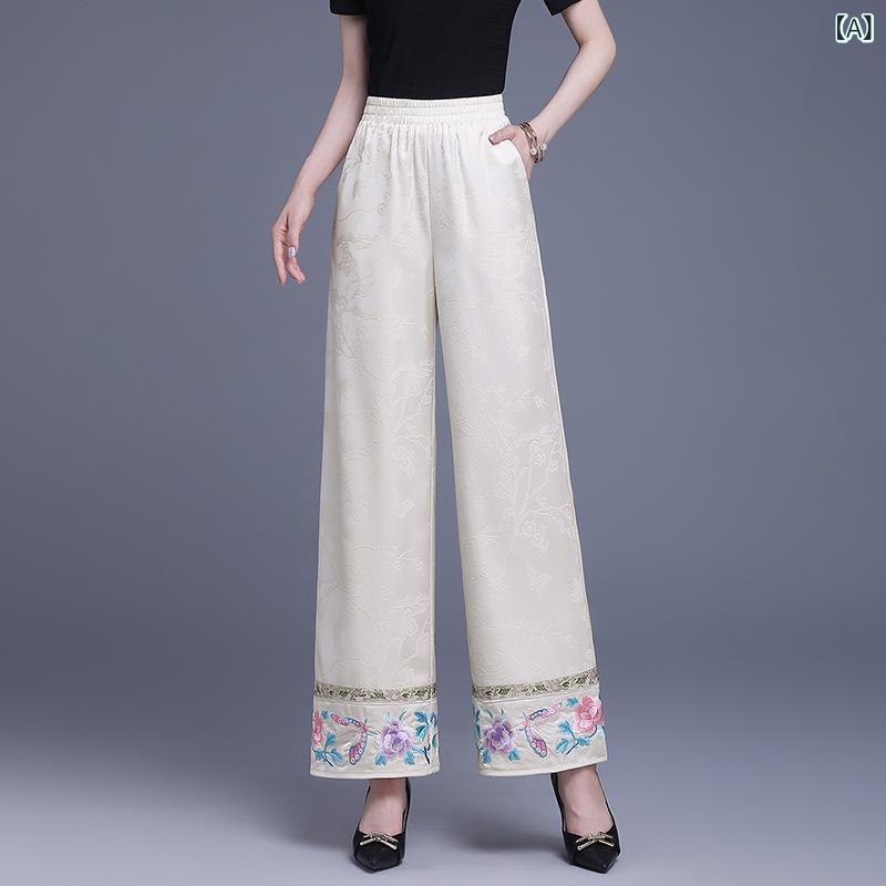 ワイドパンツ レディース 刺しゅう エスニック 九分丈 ウエストゴム ジャガード織りゆったりストレートパンツカジュアルナチュラルシンプルベーシック定番スタンダードリラックスボトムスおしゃれ大人かわいい上品体型カバー