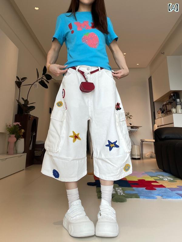 デニムハーフパンツ レディース ハイウエスト刺繍ワイドシルエットカーゴパンツ ワークパンツ膝丈ゆったりボトムス ジーパンジーンズ体型カバー細見え カジュアルシンプルベーシック 定番スタンダードナチュラル