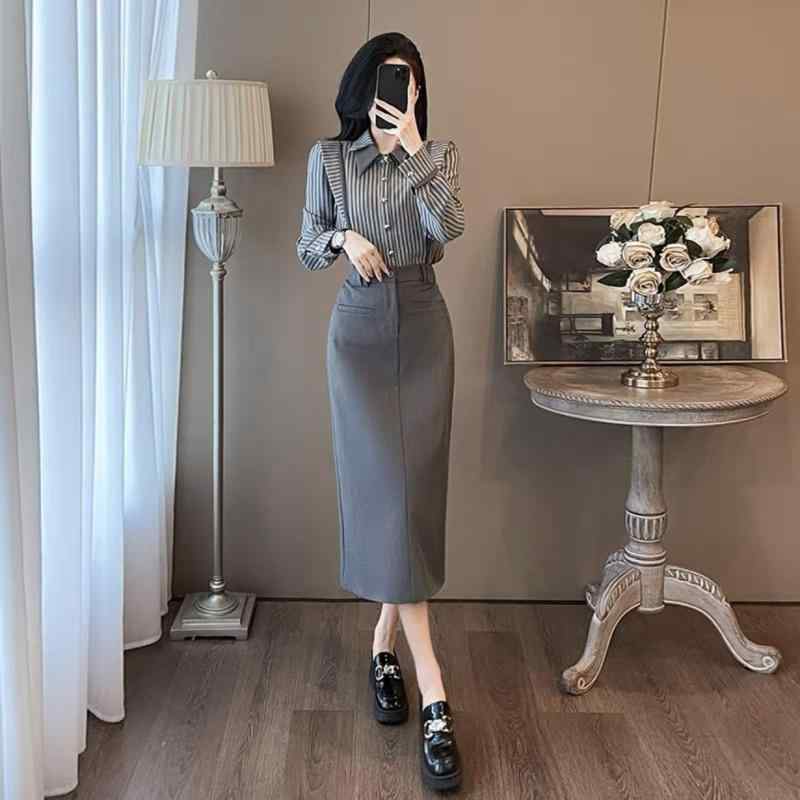 セットアップ レディース ストライプシャツ タイトスカート 二点セット 事務服オフィスカジュアル通勤仕事着上下セットブラウス スーツ会社シンプルベーシック定番スタンダードナチュラル