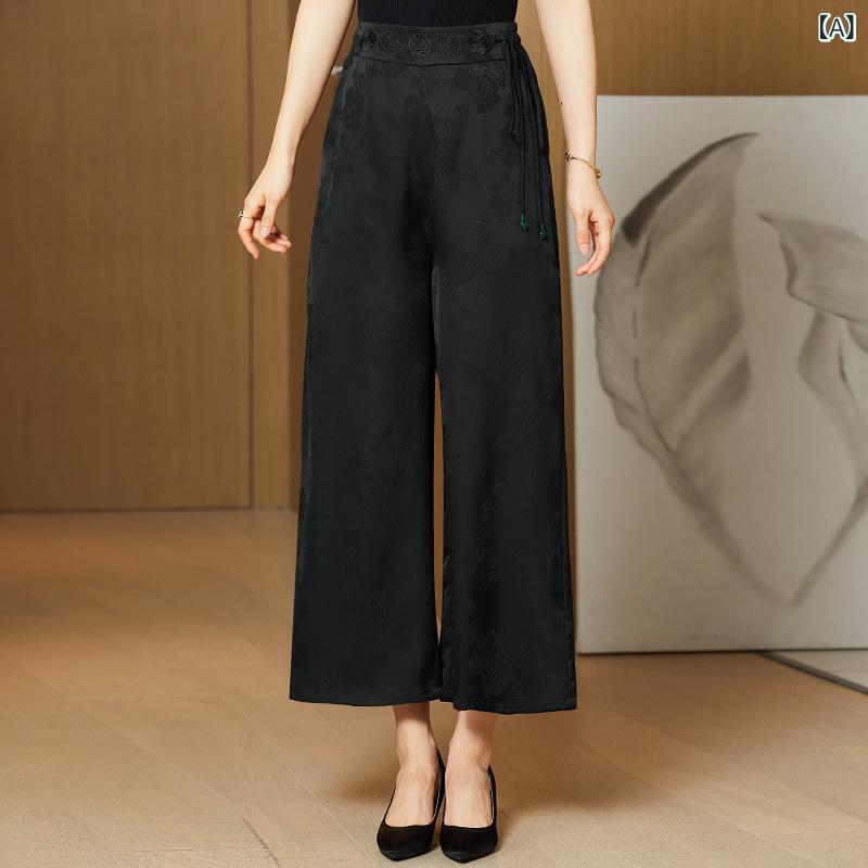 ワイドパンツ レディース 刺繍入りハイウエスト 高級感ミセスゆったりロング丈ボトムス エレガント上品華やか光沢感 シンプルベーシック定番 スタンダードカジュアルナチュラル