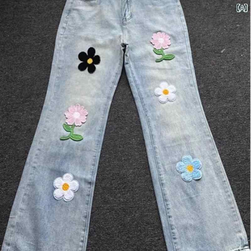デニムパンツ レディース 花柄刺繍 ハイウエスト ワイドストレートロング丈 ゆったり大きいサイズ ボトムスカジュアルシンプルベーシック定番スタンダードナチュラル