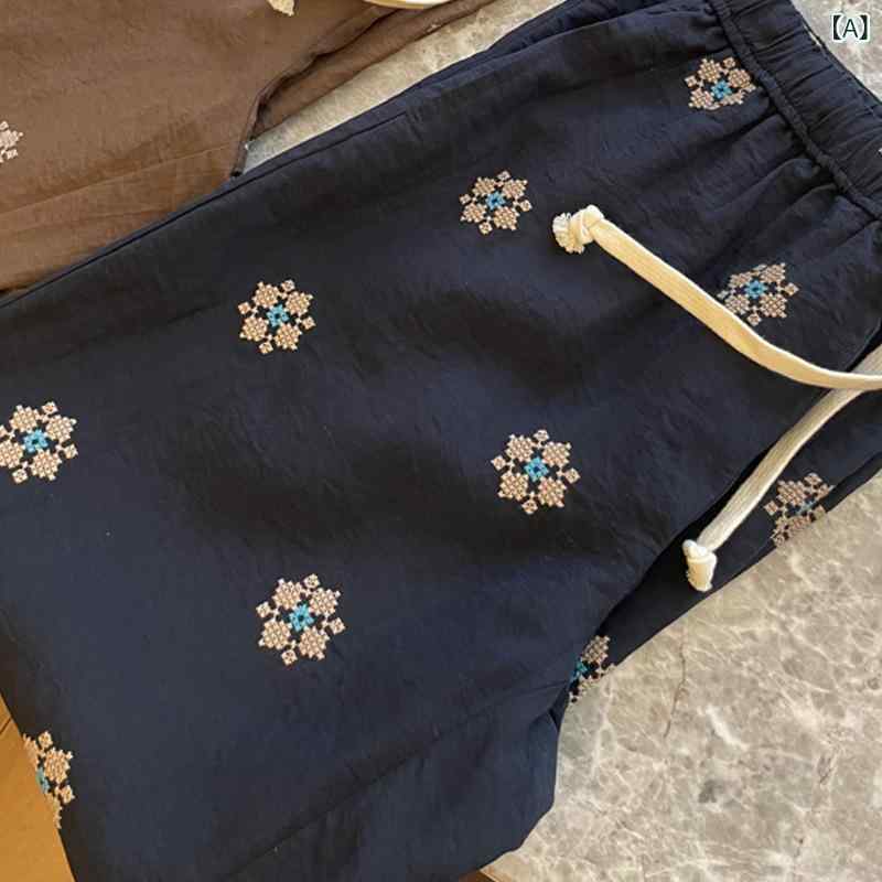広々としたズボン下 レディース 刺繍入り口・入口 花柄 ロング丈 ゆったり ズボンボトムスレトロカジュアルナチュラルシンプルベーシック定番判定基準伸び伸びする成人女性服