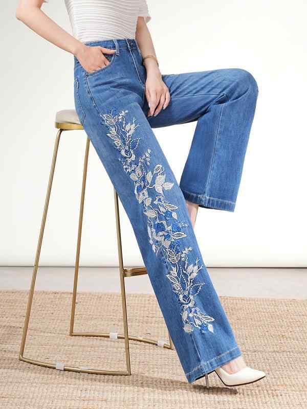 ワイドパンツ レディース 刺繍入りデニムパンツ ハイウエストロング丈美脚シルエット ボトムス ジーンズ カジュアル シンプル ベーシック スタンダード ナチュラル 定番