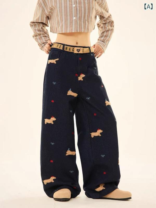 デニムパンツ レディース ワイド レトロアニマル刺しゅうワッペンストレートワンポイント ジーパンボトムスズボンロング丈ゆったり カジュアルシンプルベーシックスタンダード ナチュラル定番