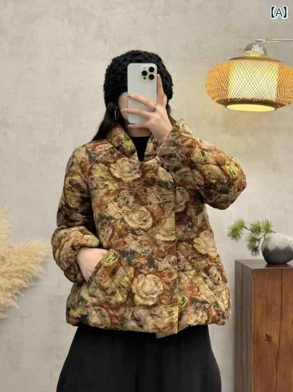 中綿ジャケット レディース 花柄 ショート丈 アウター コクーンシルエット 大きいサイズ ゆったり 防寒 暖かい カジュアル 冬服 総柄 羽織り 軽い レトロ 華やか 上着 防寒着 襟付き 前開き 厚手 冬