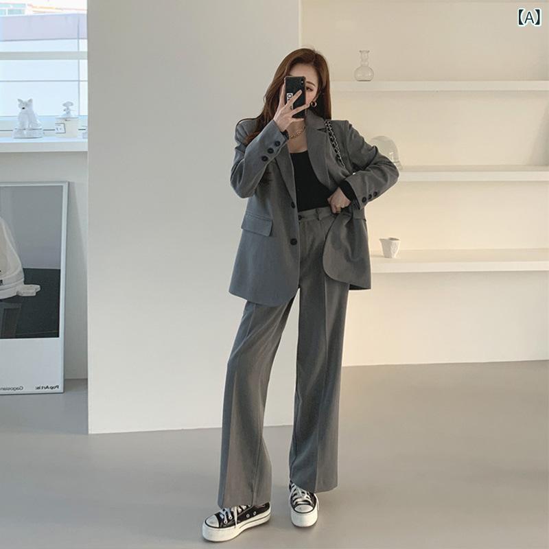 パンツスーツ レディース セットアップ テーラードジャケット ワイドパンツ ゆったり オフィス カジュアル きれいめ グレー 無地 センタープレス 体型カバー ロングパンツ 通勤 結婚式 卒業式｜やすらぎマーケット