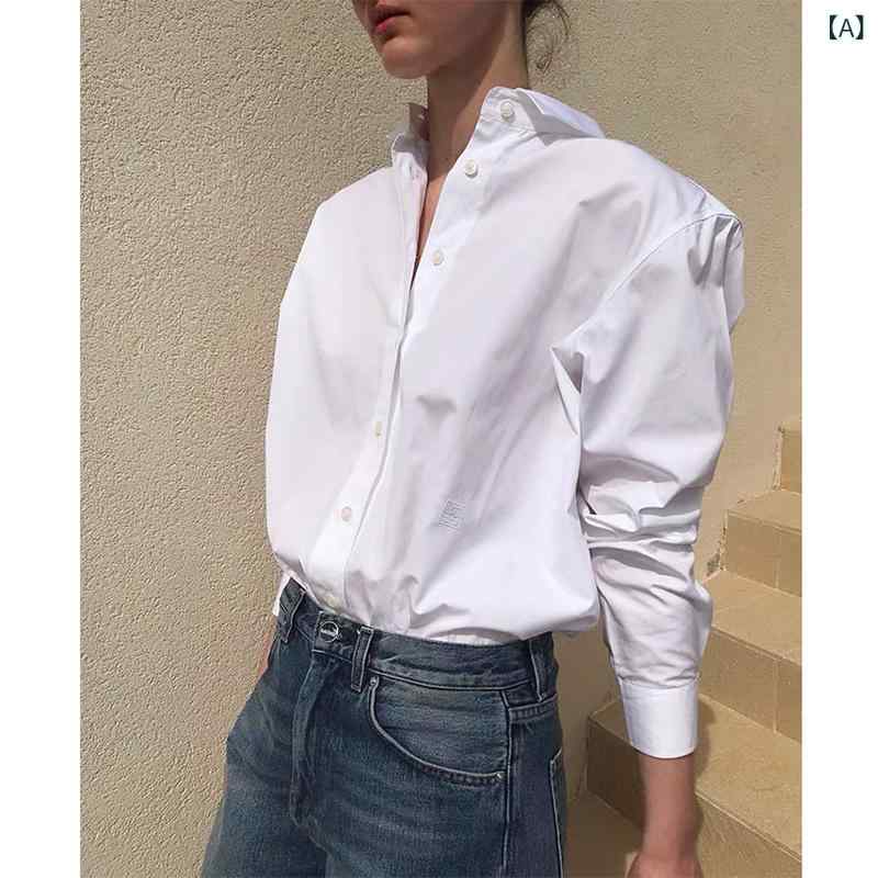 シャツ レディース 長袖 ブラウス コットン素材 ゆるシルエット 襟付き トップス 無地 着回し ゆったり 体型カバー 定番 シンプル ベーシック オフィス カジュアル 通学 通勤 お出かけ 合わせやすい|やすらぎマーケット