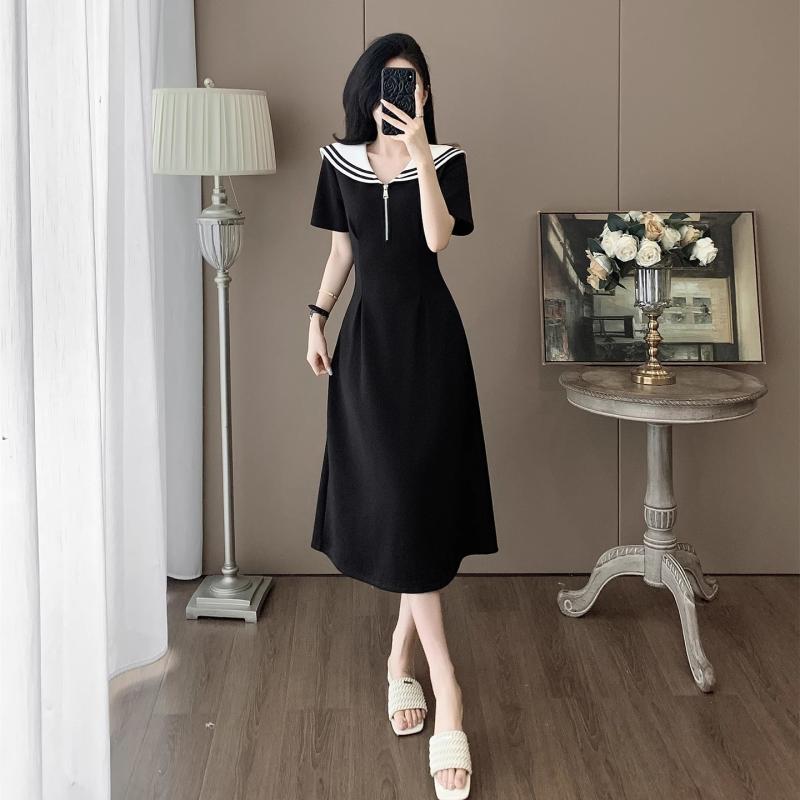 ワンピース レディース 半袖 セーラー襟 膝丈 ミドル丈 Aライン フレア 爽やか 通気性 夏服 お出かけ カジュアル 動きやすい