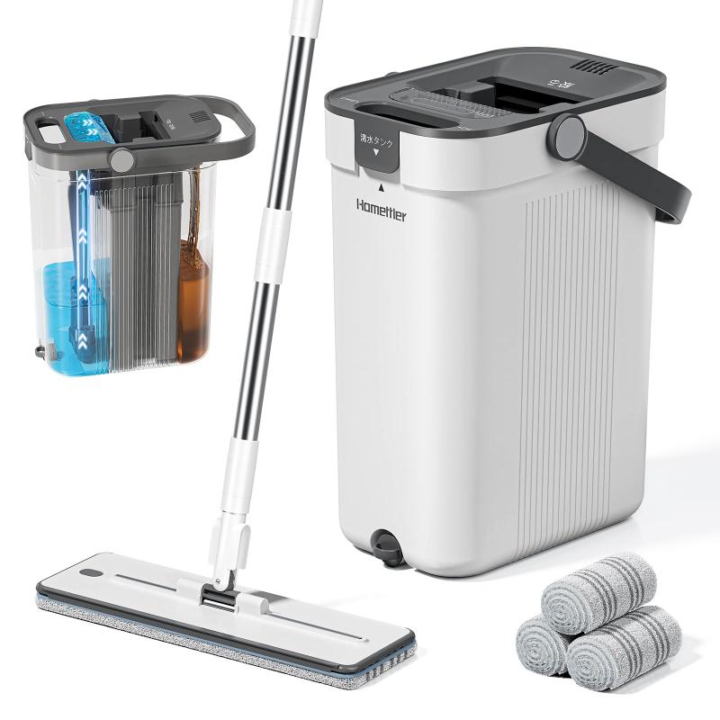 HoMettler 三槽式汚水分離フラットモップセット モップバケツセット 360°回転 スクレーパー付き 超細繊維モップパッド付き 手洗い不要 手が汚れない 床掃除 家庭用 4枚布と6枚布2セット付き