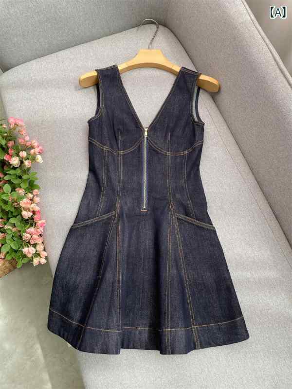 衣装 レディース ジーンズ A生産ライン ノースリーブ Vのど首 ミニ丈 衣嚢付き添い人 膝上丈 きつい か細い 着痩せ 体型押しかぶせる 心地よい お出かけ 会う約束 好いたらしいめ影ぼうし 旅する 公休日 たわい無い