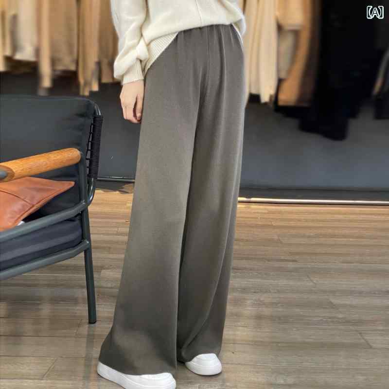 ウールワイドパンツ レディース ニット 秋冬 ストレート 落ち感 美脚 脚長効果 体型カバー ハイウエスト ウール混 センタープレス 美シルエット ボトムス 暖かい 防寒 ウエストゴム 厚手 縦ライン 動きやすい 柔らか素材 ストレッチ性 穿き心地 通勤｜やすらぎマーケット