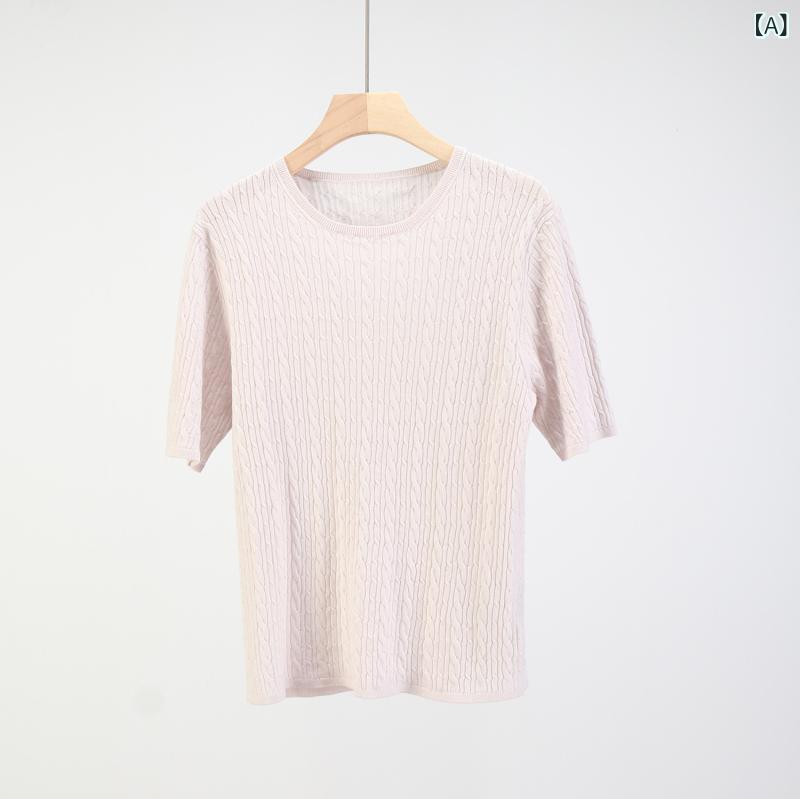 半袖ニット シルク カシミヤ ケーブル編み レディース トップス サマーニット 素材 吸放湿性 光沢感 保湿性 冷房対策 5分袖 クルーネック 伸縮性 密編み 重ね着 インナー 透けにくい 丈夫 型崩れ防止 普段使い お出かけ 事務服 抗菌 防臭 ウ|やすらぎマーケット