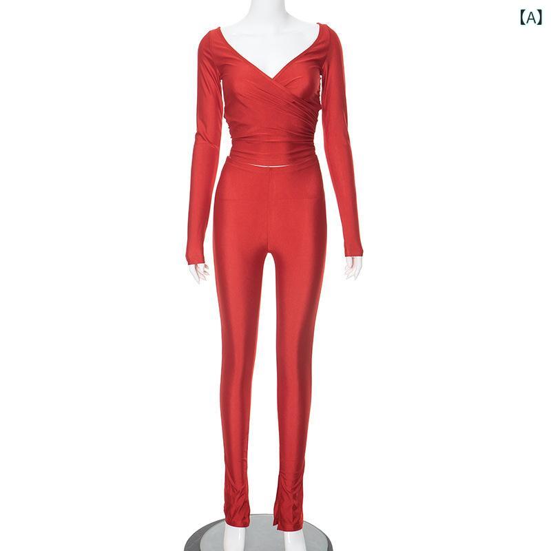 セットアップ レディース 上下セット パンツ 長袖 Vネック 指穴 カシュクール 無地 ストレッチ 伸縮性抜群 ウエストゴム 動きやすい 着痩せ スタイルアップ 体型カバー 高見え 大人カジュアル 部屋着 ワンマイルウェア ルームウェア リラックス お出