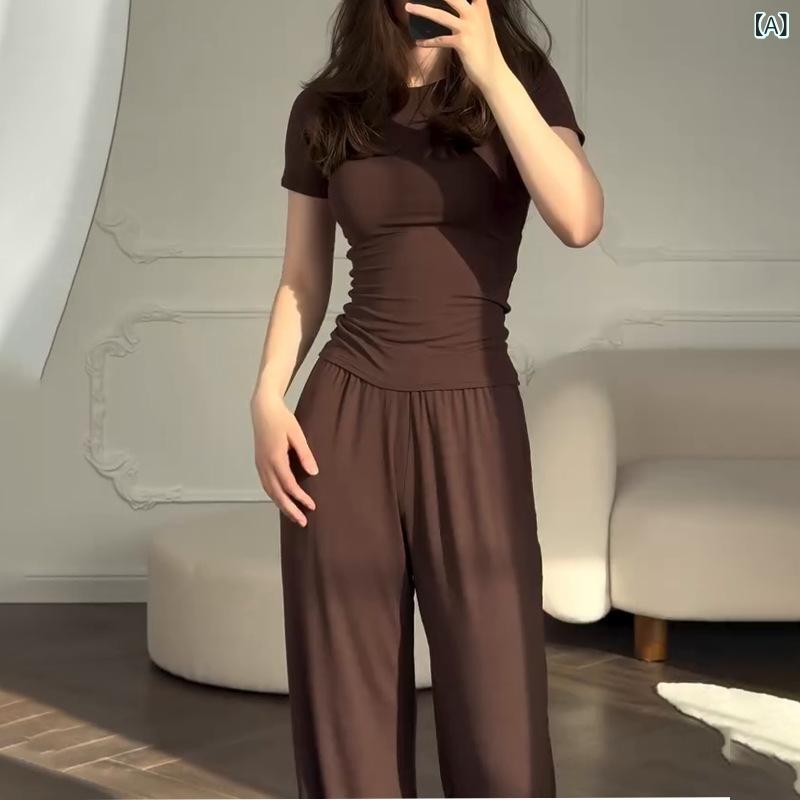 セットアップ レディース ワイドパンツ 半袖 Tシャツ ストレッチ素材 着痩せ効果 体型カバー 上下セット 接触冷感 高通気性 シワになりにくい 部屋着 ワンマイルウェア 夏用 吸汗速乾 丸首 40代 50代 きれいめ ゆったり ウエストゴム 美脚 脚長