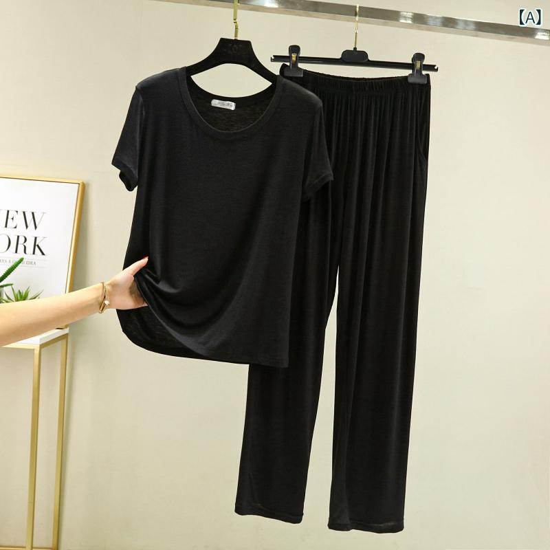 ルームウェア モダール セットアップ 半袖 ワイドパンツ とろみ素材 涼感 ストレスフリー ワンマイルウェア 部屋着 接触冷感 吸汗速乾 ストレッチ 上下セット ゆったり 夏用 体型カバー 快適 2点セット レディース シンプル 無地 ウエストゴム 落ち