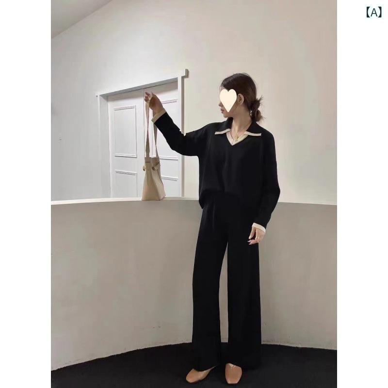 セットアップ ニット レディース パンツスーツ 配色 ポロ襟 襟付き ワイドパンツ 体型カバー 高見え 華奢見え 抜け感 大人 セパレート カジュアル ワンマイルウェア ルームウェア トップス ボトムス 2点セット 柔らかい素材 ストレッチ 快適 着心地