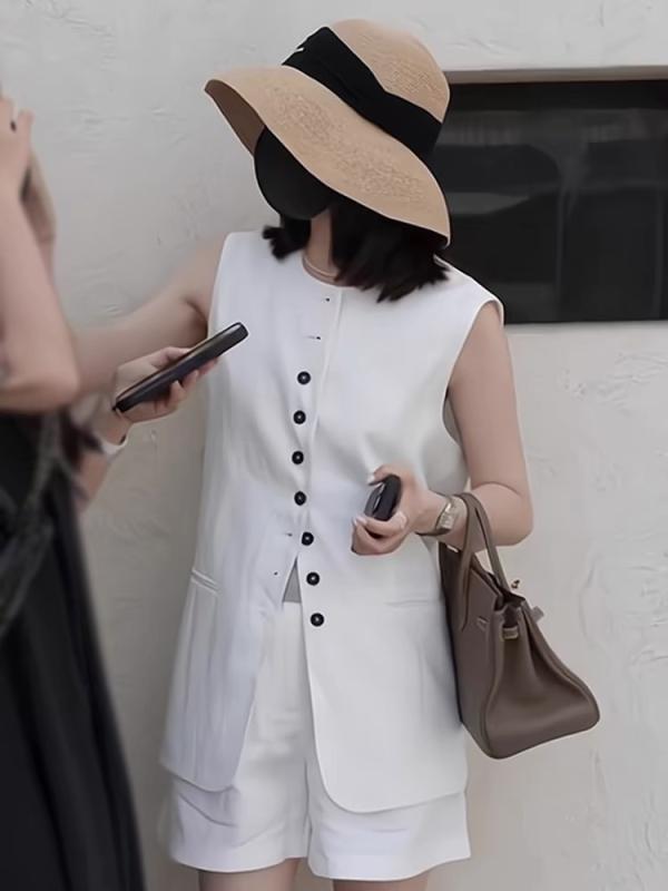 セットアップ レディース リネン 麻 ベスト ショートパンツ 2点セット ノースリーブ ジレ 短パン 洗える 吸汗速乾 高通気性 蒸れにくい 襟なし 無地 涼感 快適 部屋着 外出着 普段使い カジュアル 夏用 レイヤリング トップス 上下セット きれいめ オ|やすらぎマーケット