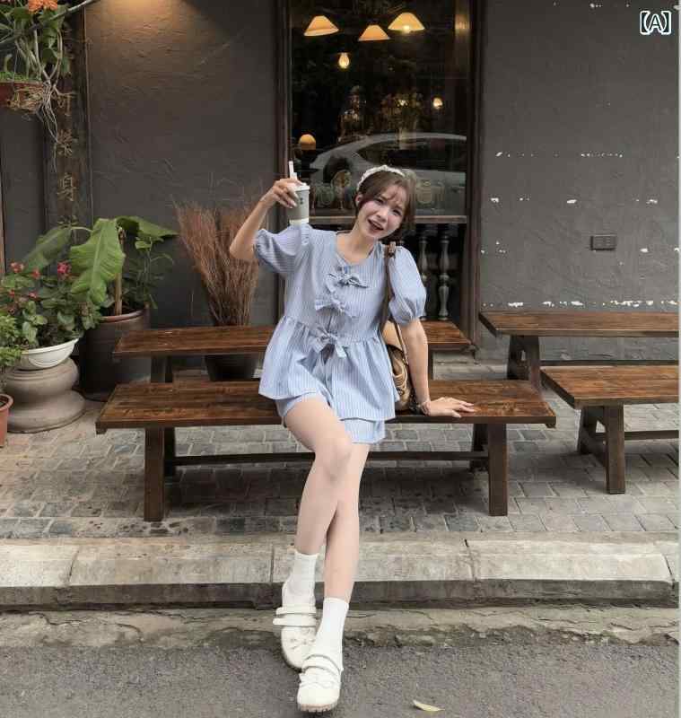 セットアップ ブラウス ショートパンツ 夏 リボンブラウス ワイドハーフパンツ 半袖 Ｖネック 体型カバー 美シルエット 涼感 通気性 吸汗速乾 上下セット 単品使い 着回し 2点セット お出かけ デート 旅行 普段着 ワンマイルウェア リゾート カジュ