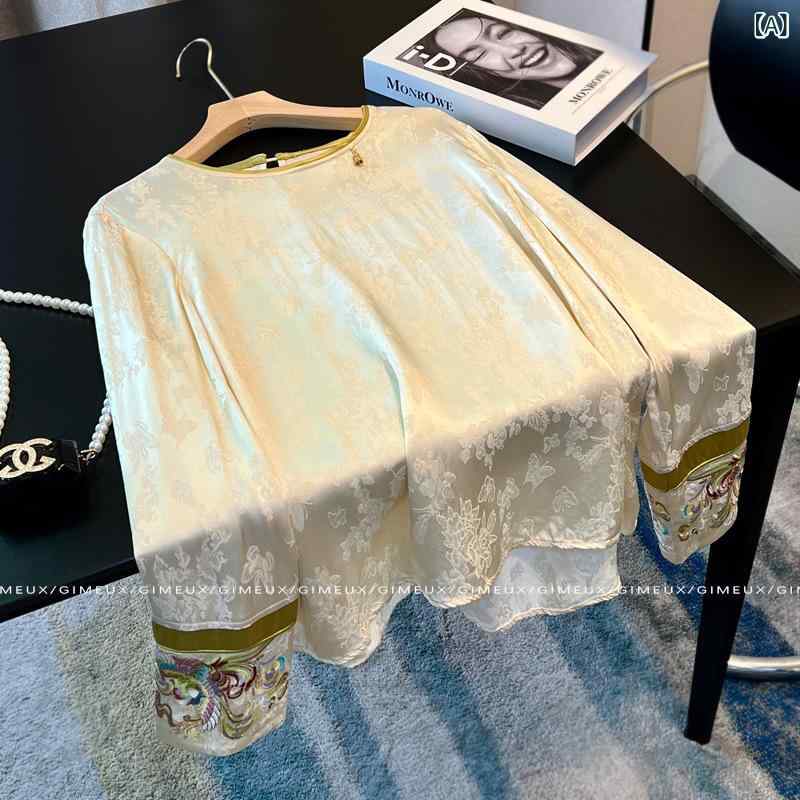 セットアップ ジレ ブラウス チャイナ風 ジャガード アンサンブル 2点セット スタンドカラー 刺繍 体型カバー 縦ライン 異素材 卒業式 入学式 セレモニー 発表会 謝恩会 お呼ばれ レディース トップス 重ね着 春秋冬 着回し ロング丈 華やか ｜やすらぎマーケット