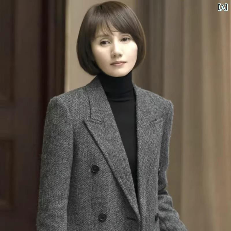 羊毛厚地の外套 レディース ロング 杉綾模様 ダブル人間の顔 カシミール混 美影ぼうし セットインスリーブ テーラード 真っただ中丈 通い アウター 生あたたかい 軽さ 木目細か 執務室 冠婚葬祭 好いたらしいめ 分かりやすい 御前上等感 雅びやか 成年者心地よい 低身たけ 防寒着