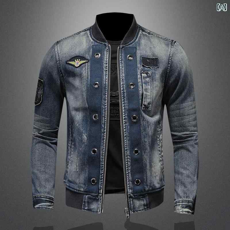 デニムジャケット フライトジャケット メンズ ブルゾン 大きいサイズ スタンドカラー ジップアップ ヘビーオンス スタイルアップ 丈夫な生地感 アメカジ ヴィンテージ風 ウォッシュ加工 長袖 春秋冬 アウター 羽織り 上着 防寒 厚手 耐久性 ワーク｜やすらぎマーケット