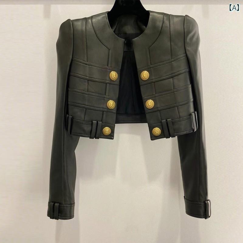レザージャケット レディース 春 アウター ラウンドネック メタルボタン 洗練シルエット な質感 襟なし ノーカラー きれいめカジュアル シンプル フェイクレザー ジャケット 羽織り トップス 通勤 お出かけ 普段使い 万能アイテム 上品 クリ｜やすらぎマーケット
