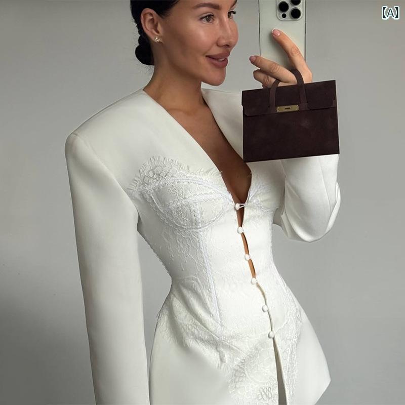 テーラードジャケット レディース アウター レース 切替 Vネック 高見え 華やか オフィス フォーマル 結婚式 二次会 お呼ばれ パーティー 羽織り ライトアウター 七分袖 抜け感 裏地なし 通勤 休日 お出かけ デート 大人 女子会 ミセス フェミニ