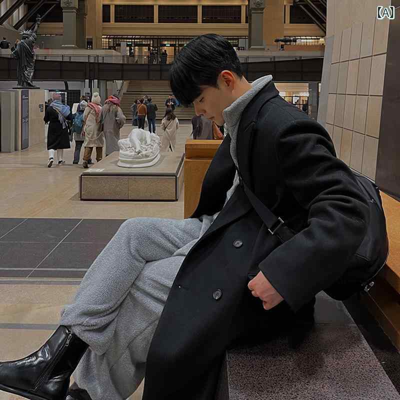 ロングコート メンズ チェスターコート 厚手 ウール混 オーバーサイズ ロング丈 暖かい 縦長シルエット 韓国ファッション カジュアル 襟付き アウター ビジネス 通勤 お出かけ 普段使い 冬服 上着 膝下 テーラード ジャケット 羽織り 防風 保温 無