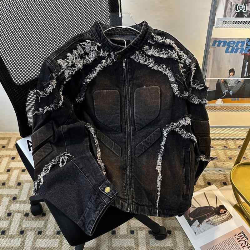 ライダースジャケット メンズ アメカジ アウター フリンジ 切りっぱなし 肩パッド ヘビーウェイト ショート丈 ジャケット ヴィンテージ風 バイカー ストリート カジュアル 上着 個性的 武骨 コーデ シルエット 重厚感 存在感 羽織り