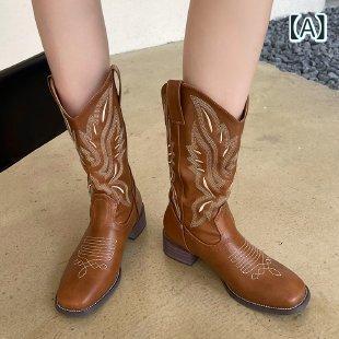 ウエスタンブーツ チャンキーヒール スクエアトゥ Vカット ミドル丈 刺繍 クラシック ヴィンテージ調 美脚シルエット 歩行安定 疲れにくい 着脱スムーズ カジュアル 秋冬 袴 卒業式 謝恩会 お出かけ 旅行 デイリー 履き口ゆったり 筒周りゆっ