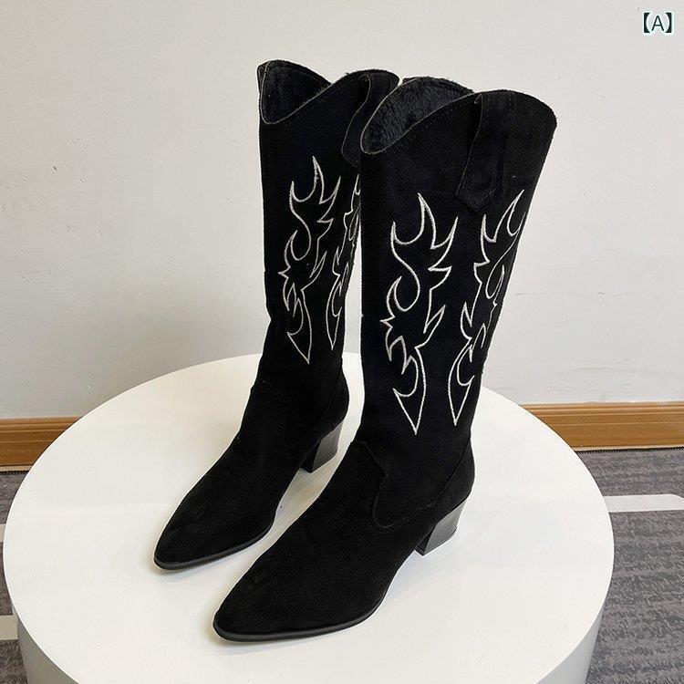 ウエスタンブーツ ロングブーツ レディース 刺繍 ポインテッドトゥ チャンキーヒール 美脚効果 ヴィンテージ風 サイドジップ 滑り止め加工 お出かけ 太ヒール クッションインソール 安定感 欧米風 ミドル丈 カジュアル デイリー おしゃれ きれいめ 大人