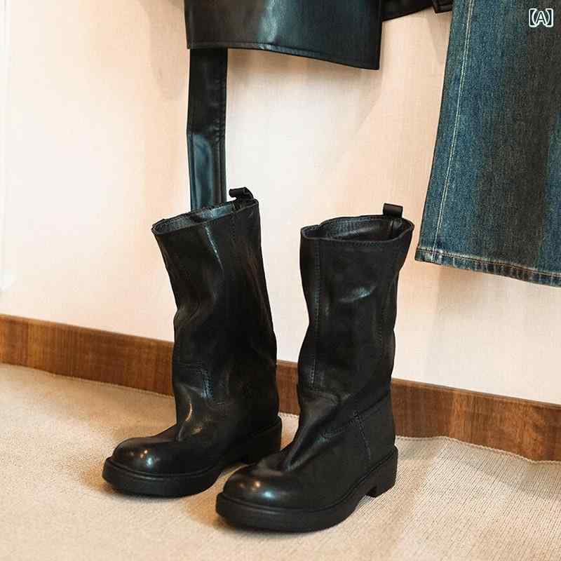 ウエスタンブーツ 革 真っただ中丈 チャンキーヒール ラウンドトゥ 筒あたり近所ゆったり 履き口広め  表現スタイル繰り上げる 兼ね合い感 歩き分かりやすい 疲れにくい ヴィンテージ風 心地よい 通い 通学 秋冬コーデ レディース 流行り物 シューズ クラシッ
