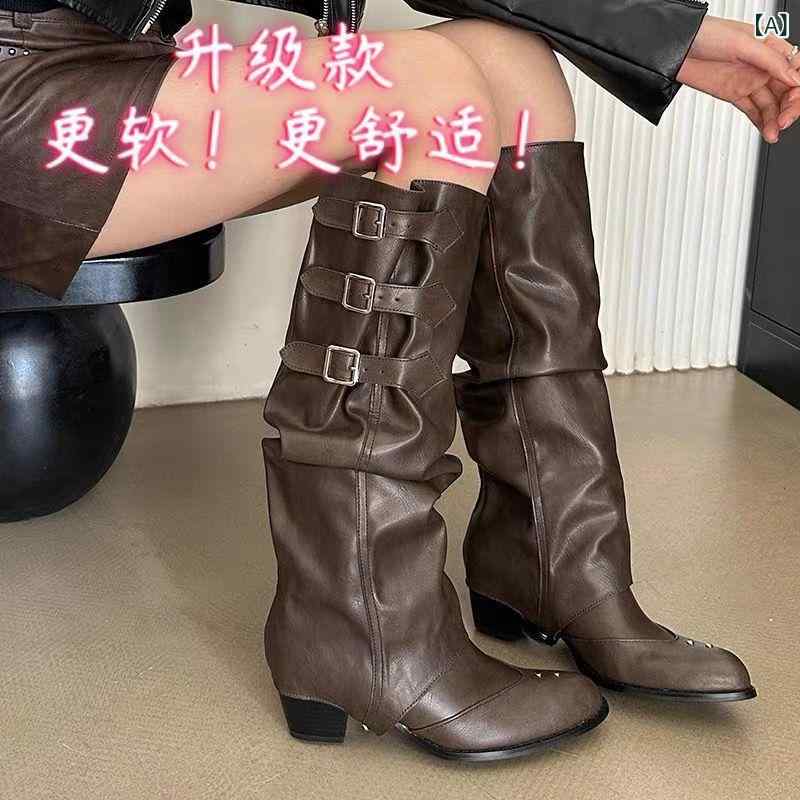 ウエスタンブーツ レディース ロングブーツ ポインテッドトゥ シルエット 脚長効果 高見え ジョッキーブーツ 秋冬コーデ 2way 膝下丈 履き心地重視 スタイリッシュ パンク風 ベルト 歩きやすい 太ヒール チャンキーヒール 都会的 お出