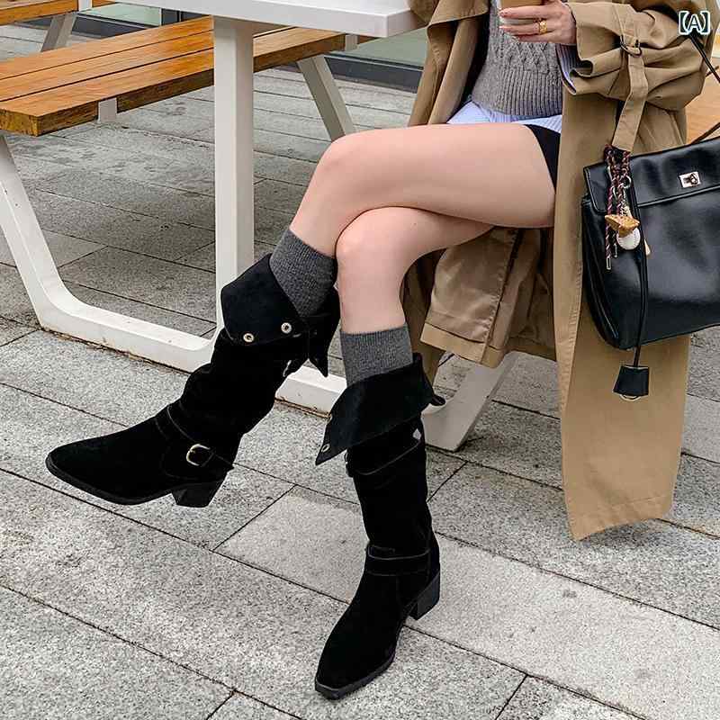 ロングブーツ ウエスタンブーツ チャンキーヒール スクエアトゥ 2WAY 折り返し スラウチ 膝下丈 美脚シルエット 安定感 歩きやすい 太ヒール スエード調 フェイクレザー サイドバックル カジュアルコーデ 美脚見え 履き心地重視 ロング丈 |やすらぎマーケット