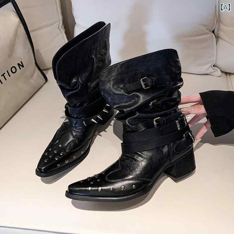 ウエスタンブーツ レディース ポインテッドトゥ Vカット シャーリング 美脚シルエット チャンキーヒール スタッズ飾り ベルトバックル付き シルエット ロング丈 履き口ゆったり 歩きやすい 安定感 履き心地重視 内側ファスナー カジュアル