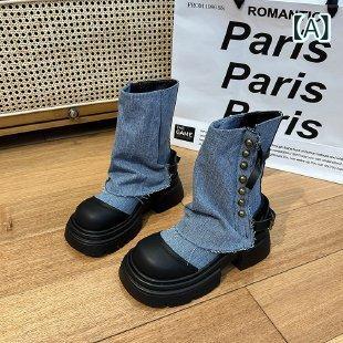 ショートブーツ ウエスタンブーツ デニム 太ヒール ラウンドトゥ スタッズ装飾 チャンキーヒール 美脚ライン 履き心地重視 異素材ミックス 安定感重視 デイリー使い カジュアルスタイル 疲れにくい設計 足元アクセント サイドゴア風 普段履き 街歩き ファ 5,568円