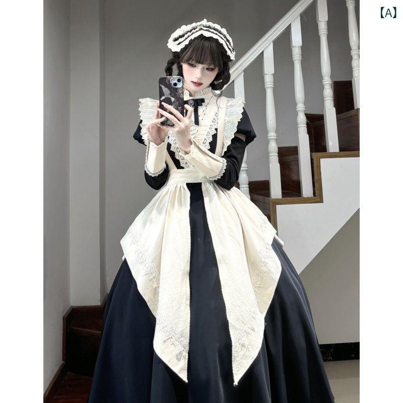 ロリータワンピース ゴスロリ コスプレ セット パフスリーブ ボリュームスカート エプロン付き 地雷系 コンカフェ イベント衣装 量産型 撮影会 仮装 メイド服 膝丈 フレア ウエストリボン フリル レース クラシック 学園祭 ハロウィン 舞台衣装 コス|やすらぎマーケット