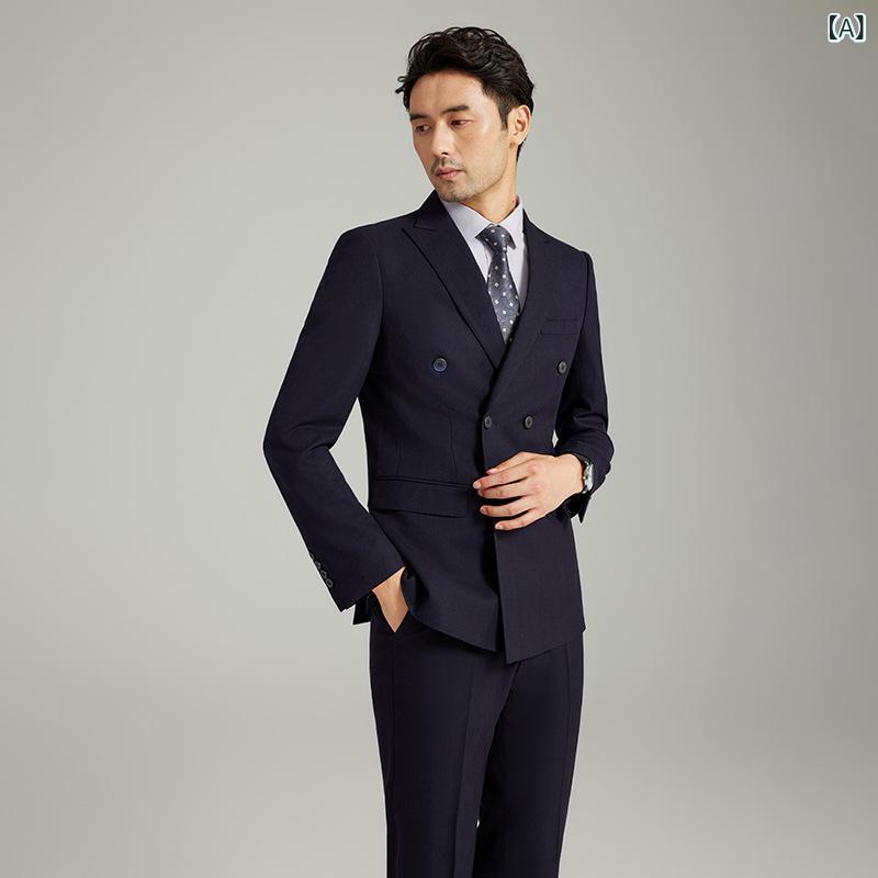 セットアップ スーツ ダブル ストライプ スリム 結婚式 披露宴 紳士服 上下セット テーラード ジャケット スラックス 冠婚葬祭 イベント パーティー セレモニー フォーマル クラシック 誠実な印象 スマートなシルエット 足長効果 ビジネス 参列者 発