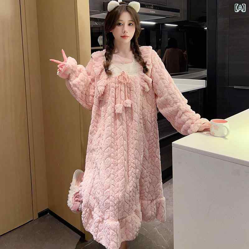 パジャマ レディース 冬 ワンピース もこもこ 厚手 膝下丈 暖かい 軽い サンゴフリース かわいい 保温 動きやすい 体型カバー ゆったり 大人 襟なし ワンマイルウェア 洗濯可能 高密度 静電気防止 ポケット付き Aライン クルーネック 裏地なし 透