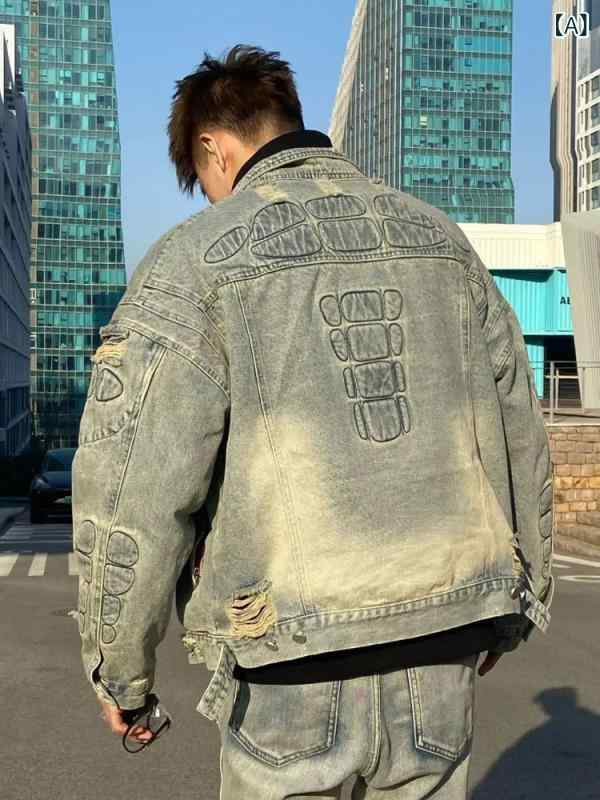 ジーンズ上衣 メンズ ビッグ影ぼうし アメカジ 不都合工業 重厚感 立ち襟 ウォッシュ工業 ライダース風 アウター 綿 思わしい 朦々たる ヴィンテージ風 無地 表どおり表現スタイル 花の冠yd 重ね着 羽織り 細工物上衣 ゆったり