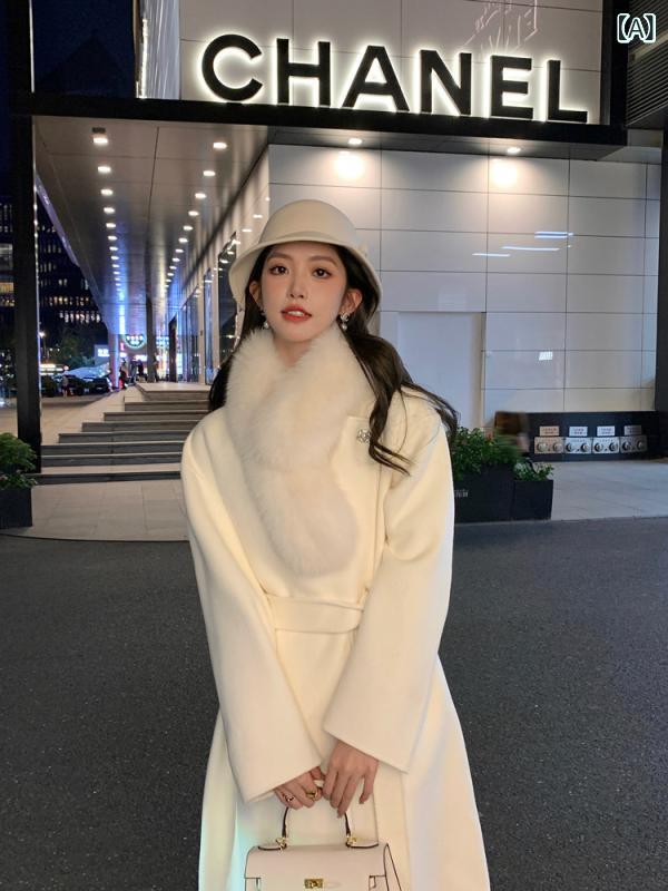 羊毛コート カシミヤ ロング レディース フォックスファー ダブルフェイス 襟元ファー 膝下丈 ウール混 素材 厚手 防寒 暖かい ベルト付き 裏地あり 比翼仕立て ステンカラー リアルファー Aライン シルエット サイドポケット付き バックスリット 高