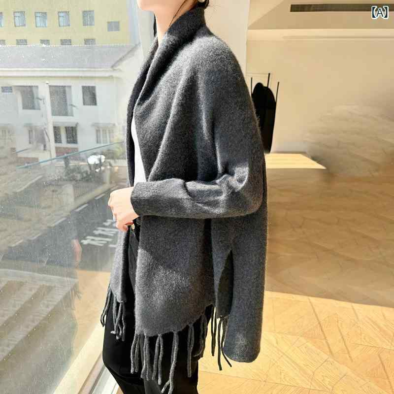 ニットカーディガン ウール 羊毛 ポンチョ フリンジ レディース 長袖 リラックスシルエット 着痩せ効果 大判タイプ レイヤードスタイル 羽織り物 上品 綺麗め 大人 カジュアル 外出 寒さ対策 オフィス デイリー コーデ 合わせやすい 軽い 柔らかい
